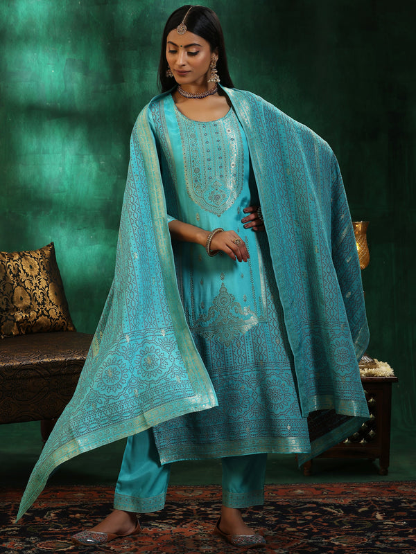 Turquoise Blue Woven Design Silk Blend Straight Suit With Dupatta