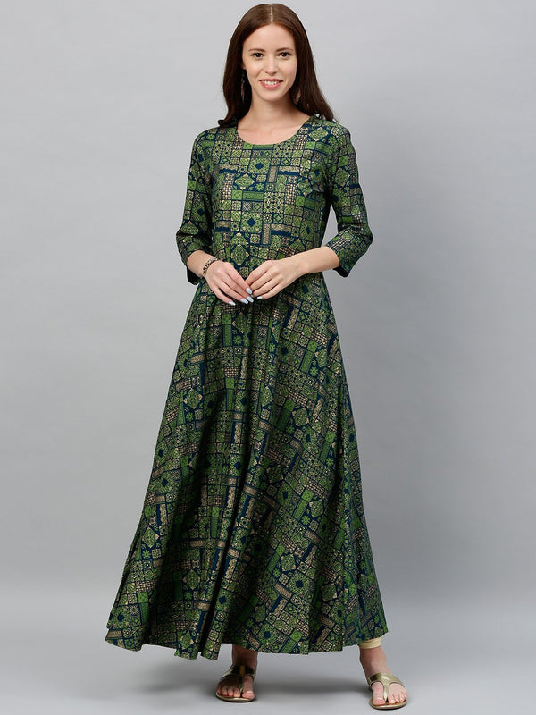 Women's Green Printed Anarkali Kurta by Kipek (1 Pc Set)