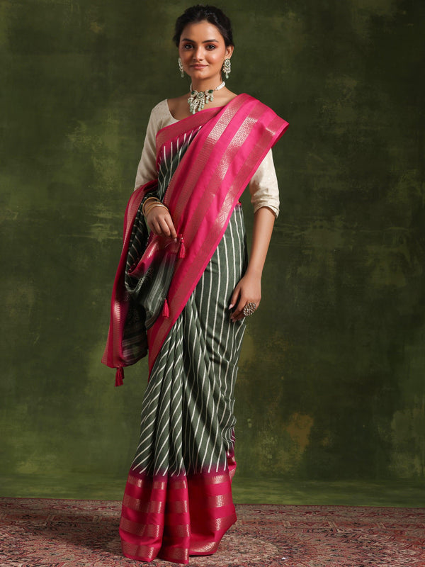 Green Printed Silk Blend Saree With Unstitched Blouse Piece - Jashvi