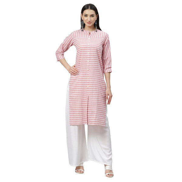 Women's Pink Cotton Check 3/4 Sleeve Mandrin Neck Casual Kurta Only - Myshka