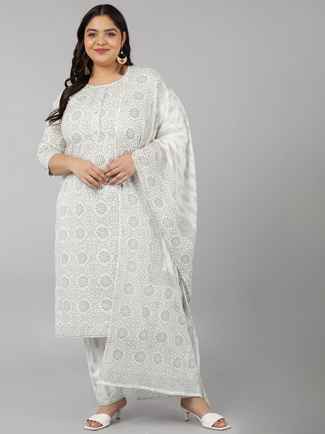 Women's Cotton Printed Straight Kurta Set (White) - Kipek