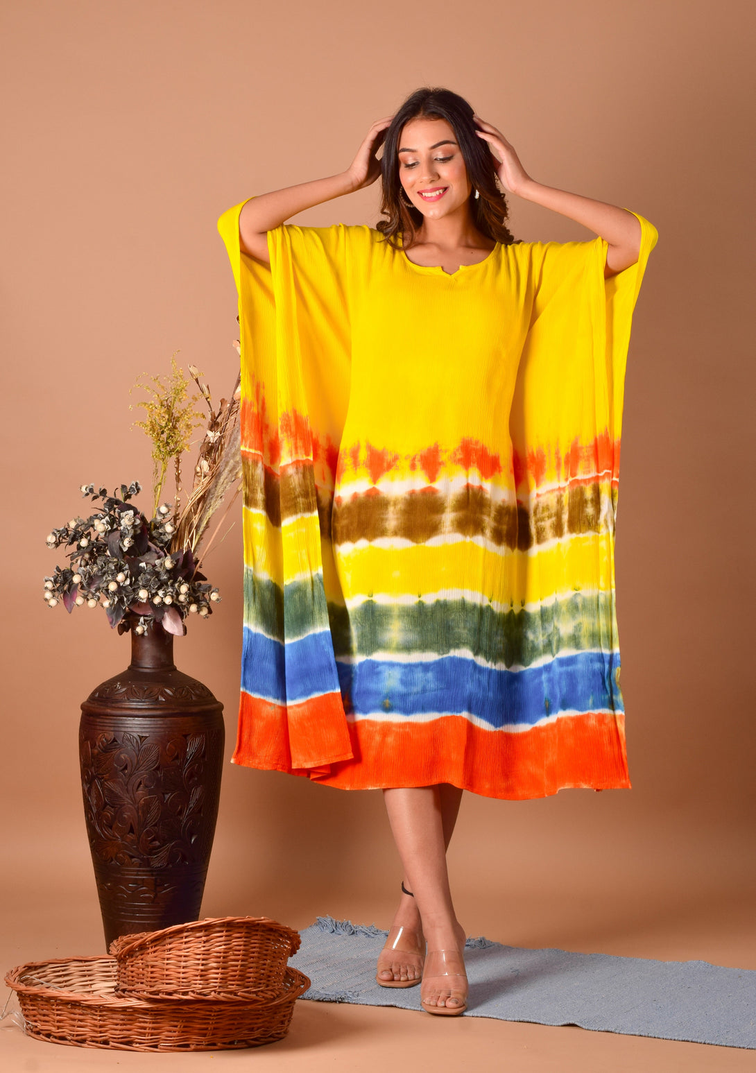 Women's Yellow Hand Dyed Kaftan Dress - Maaesa