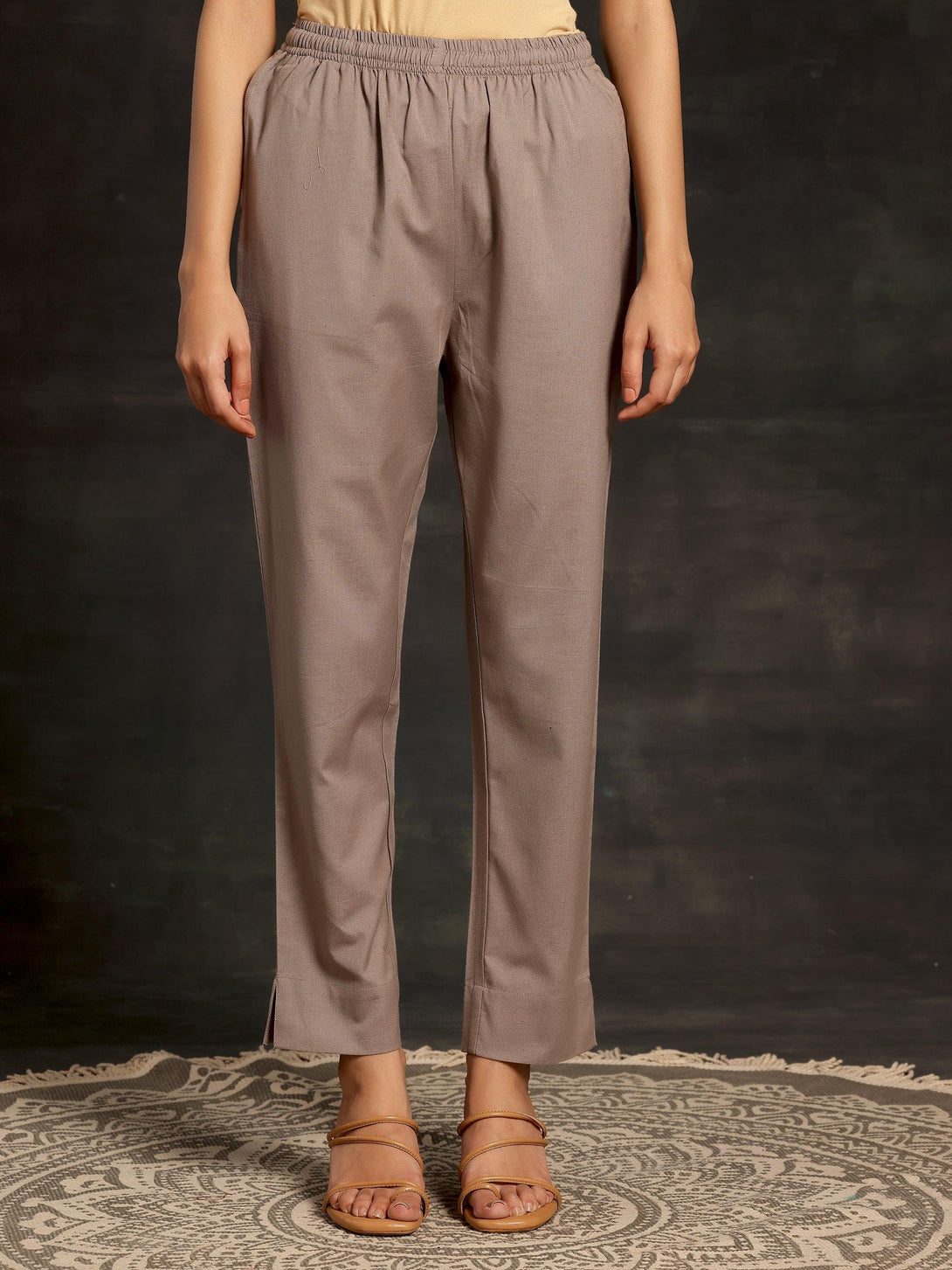 Grey Solid Cotton Straight Fit Trousers - Jashvi