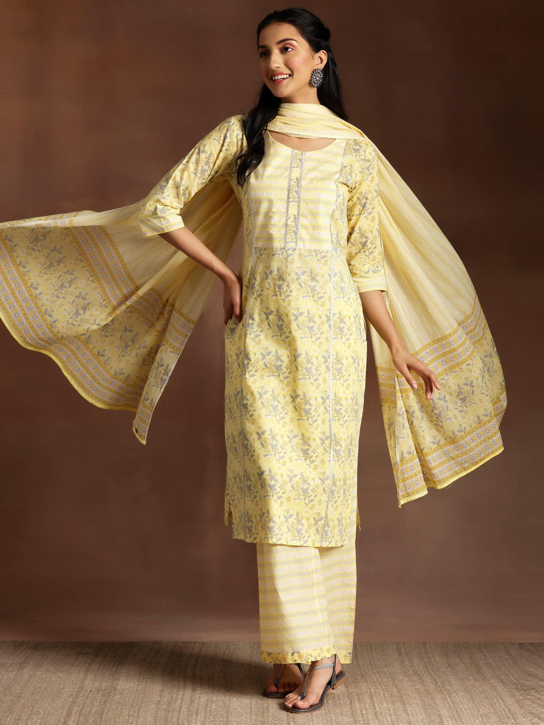 Yellow Printed Cotton Straight Suit With Dupatta - Jashvi