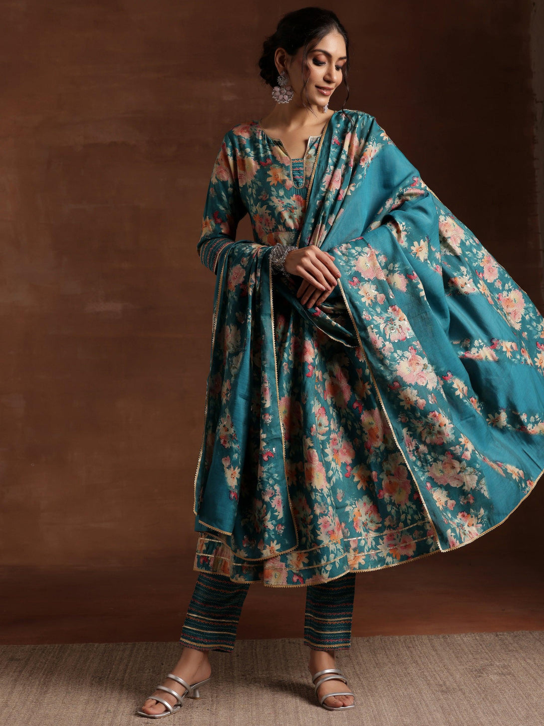 Blue Printed Silk Blend Anarkali Suit With Dupatta - Jashvi