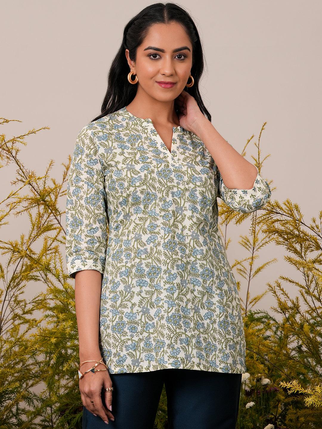 Off White Printed Cotton Straight Kurti - Jashvi