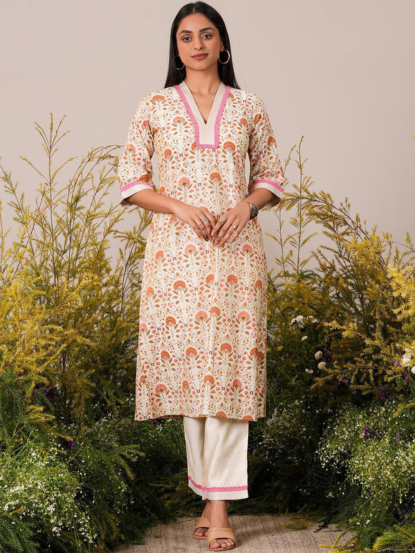 Beige Printed Chanderi Silk A-Line Kurta With Palazzos - Jashvi