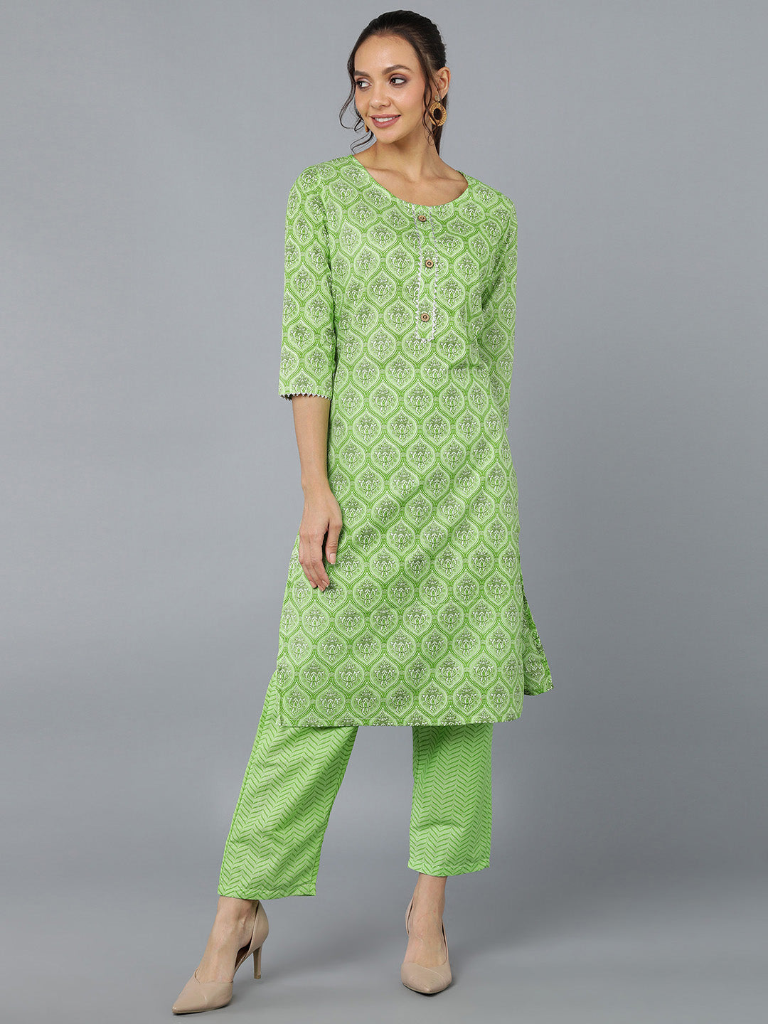 Women's Cotton Blend Printed Straight Kurta Set (Ligth Green) - Kipek