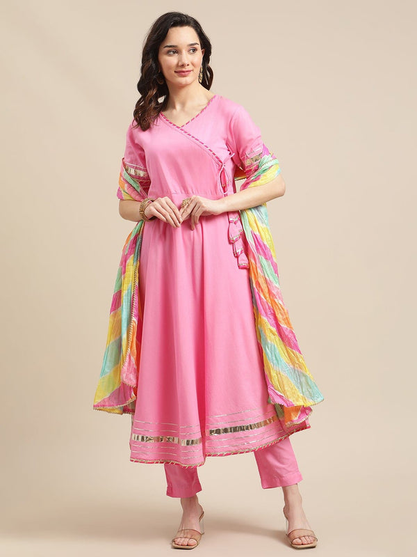 Women's Pink Flared Angrakha Kurta Set With Multi Colour Leheriya Dupatta - Varanga