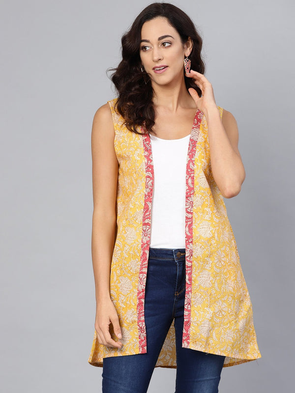 Women's Yellow Cotton Printed Sleveeless V-Neck Shurg - Myshka