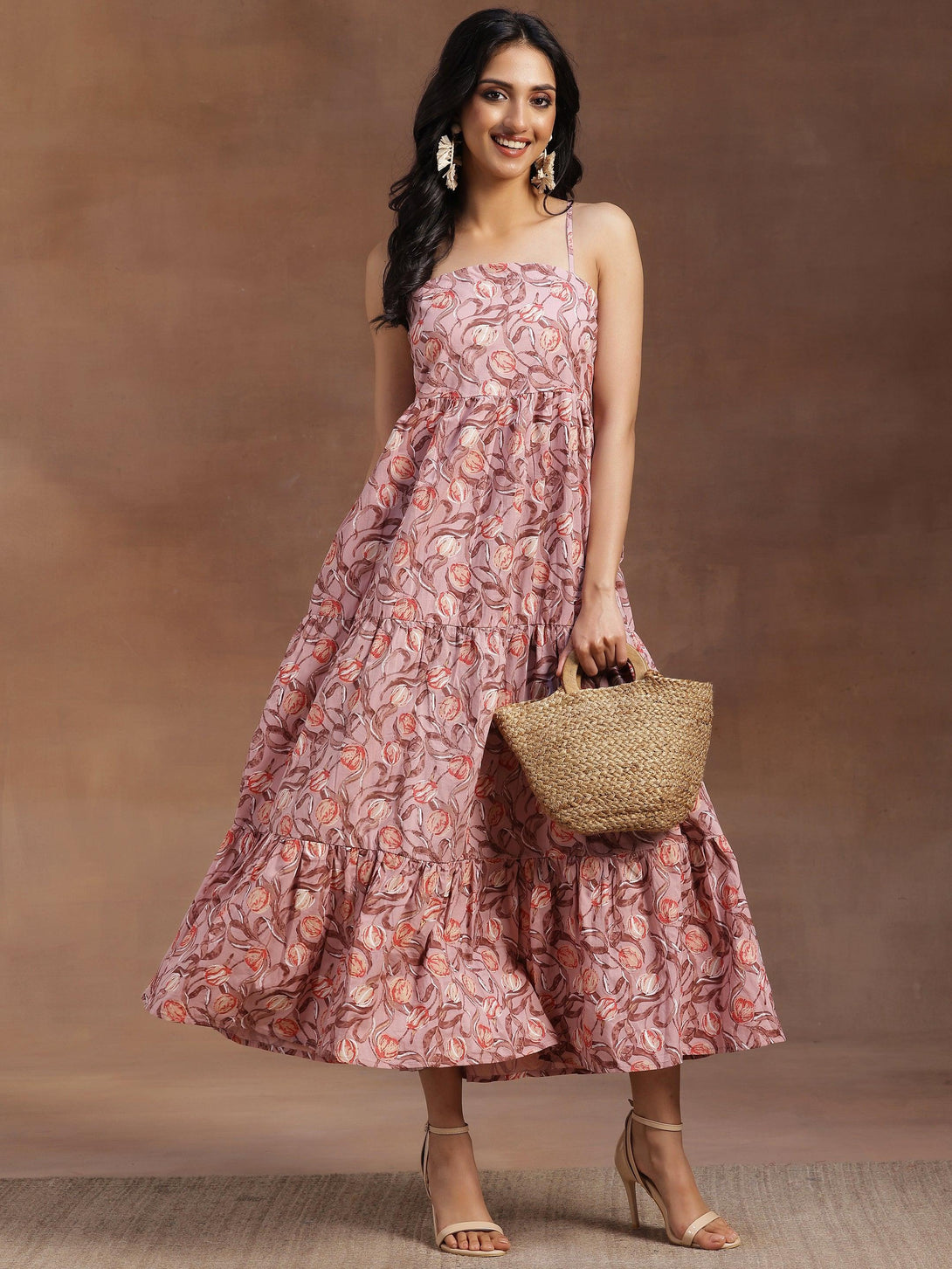 Peach Printed Cotton Fit and Flare Dress - Jashvi