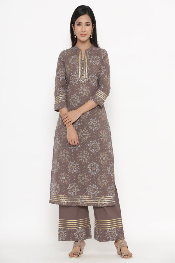 Women's Light Grey Cotton Kurta With Palazzo by Kipek (2pcs Set)