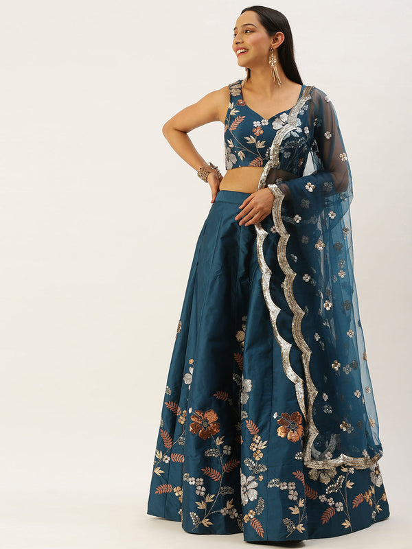 Women's Tealâ - Satin Silk Embroidered Fully Stitched Lehenga - Royal Dwells