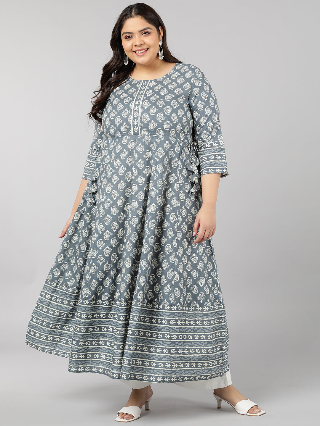 Women's Cotton Printed Anarkali Kurta (Grey) - Kipek