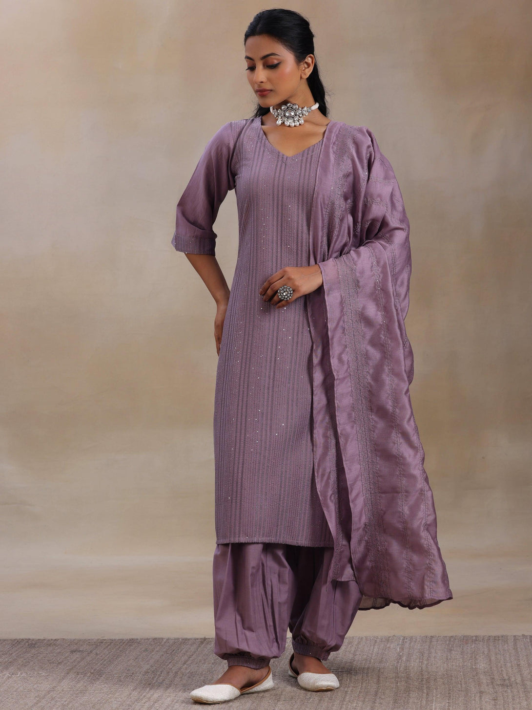 Mauve Self Design Silk Blend Straight Suit With Dupatta - Jashvi