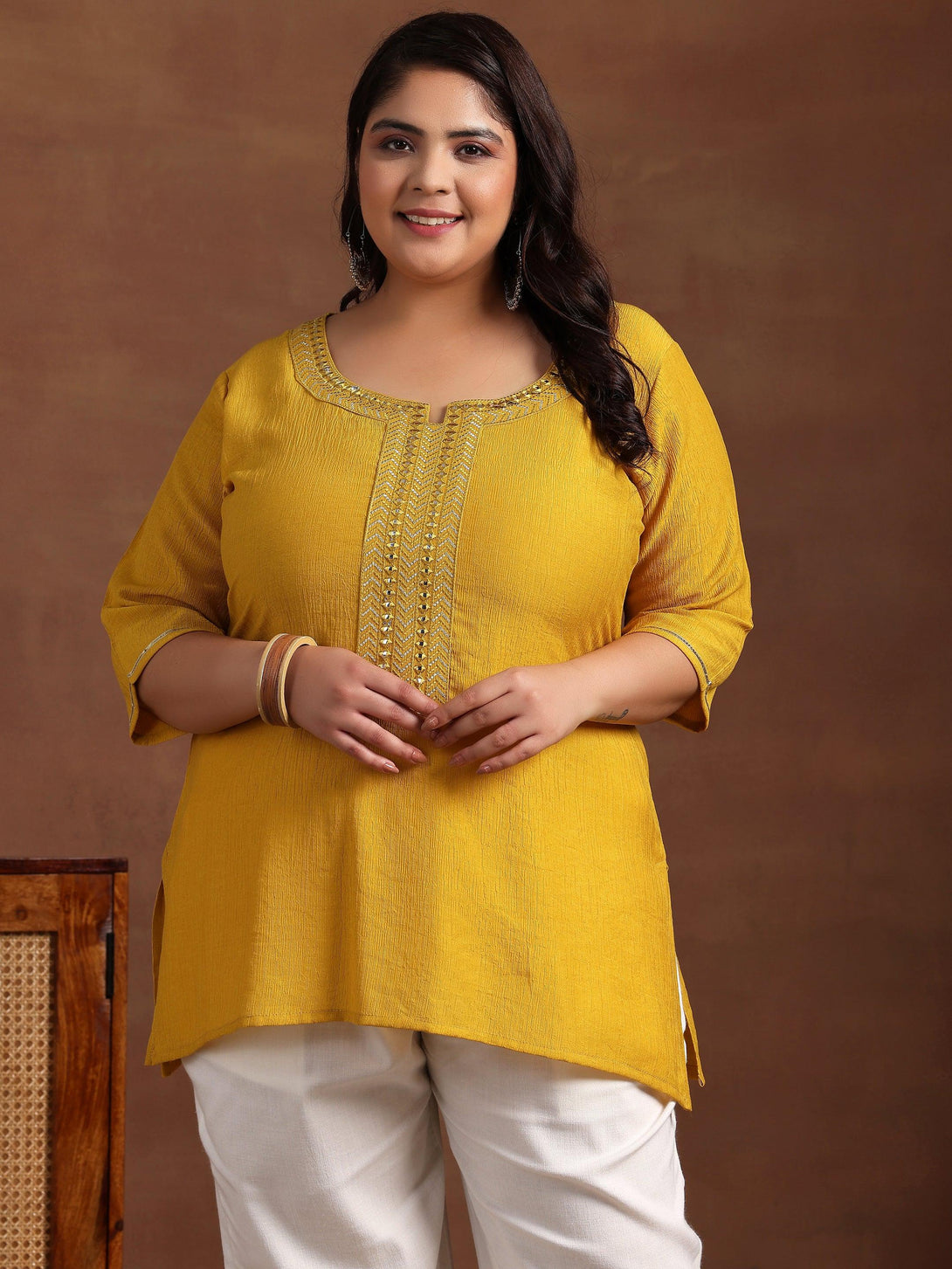 Plus Size Mustard Woven Design Cotton Blend Straight Kurti - Jashvi