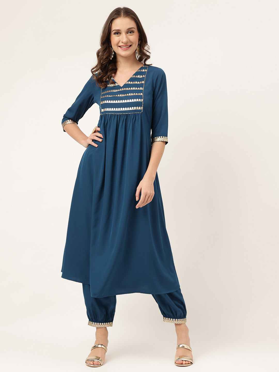 Women's Turquise Blue Poly Crepe A-Line Kurta Set - Fiorra