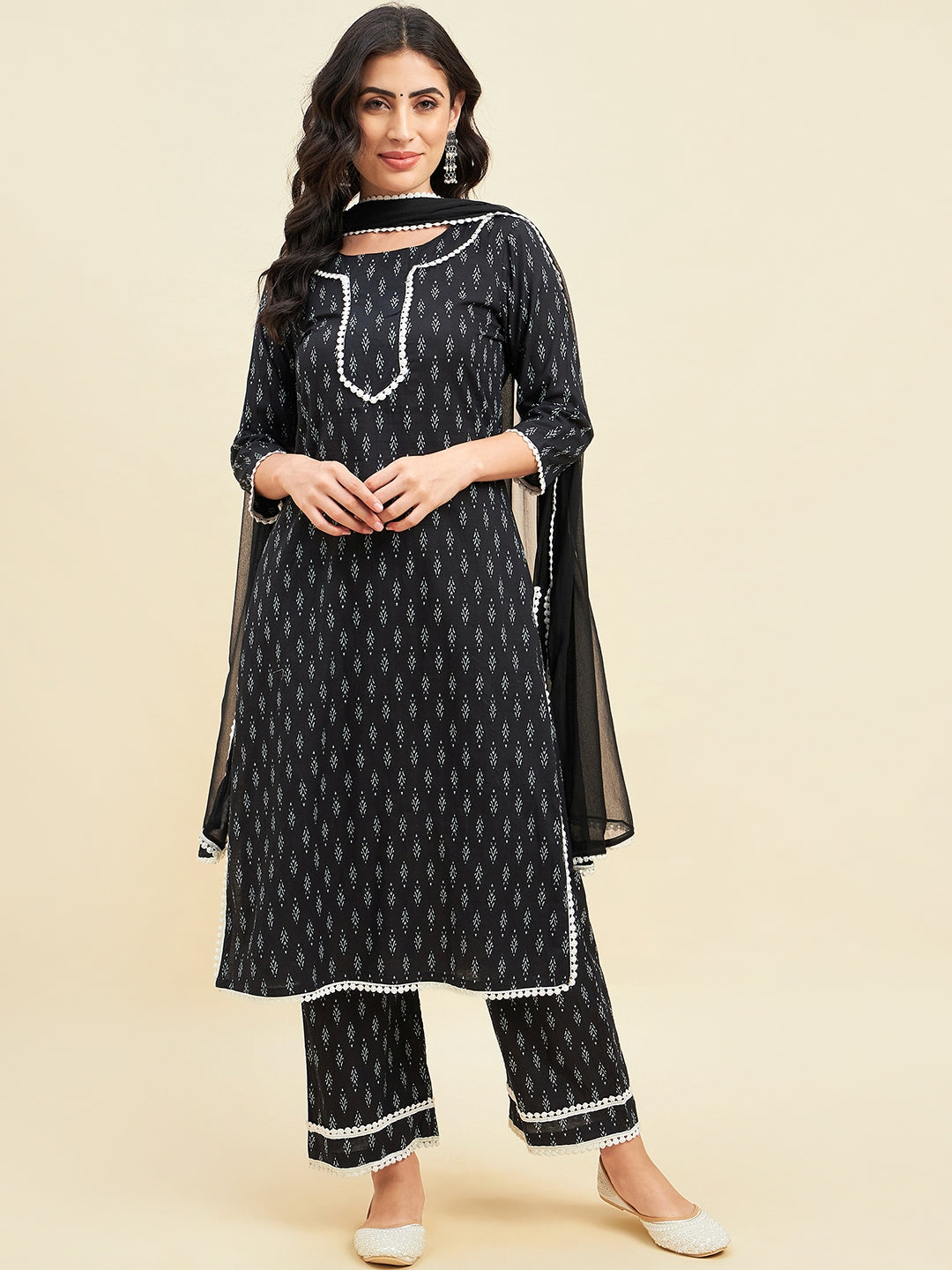 Women's Black Cotton Straight Calf Length Kurta With Palazzo Dupatta Set - Azira