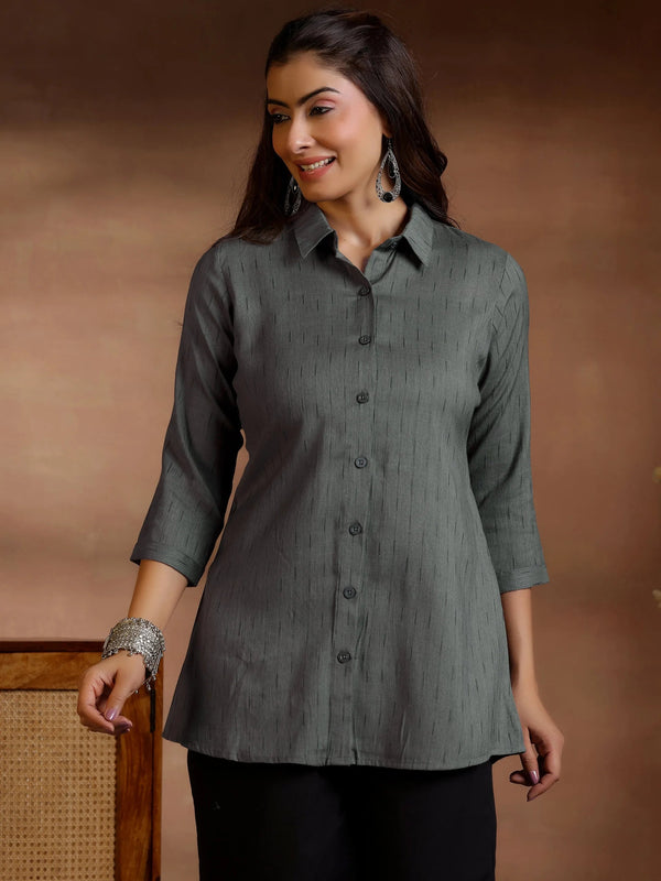 Grey Woven Design Cotton Blend Straight Kurti