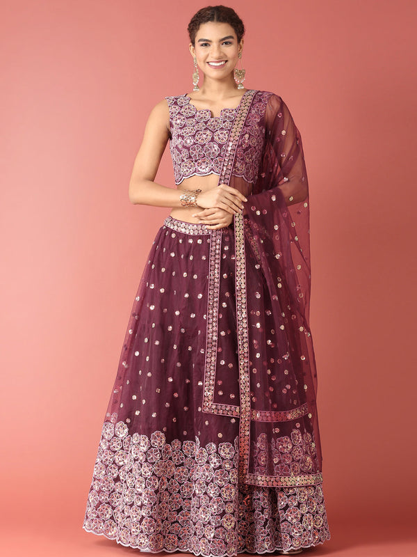 Women's Burgundy Net Sequince Work Lehenga & Blouse, Dupatta - Royal Dwells