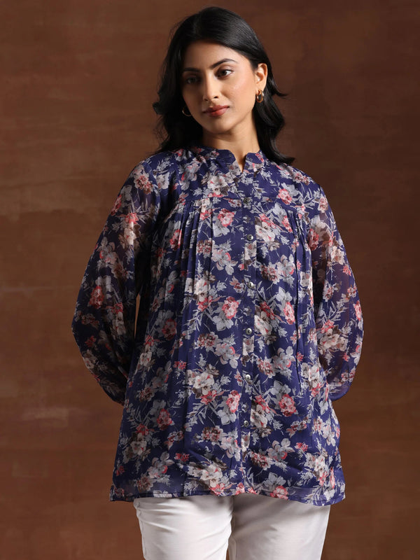 Blue Printed Poly Chiffon A-Line Kurti