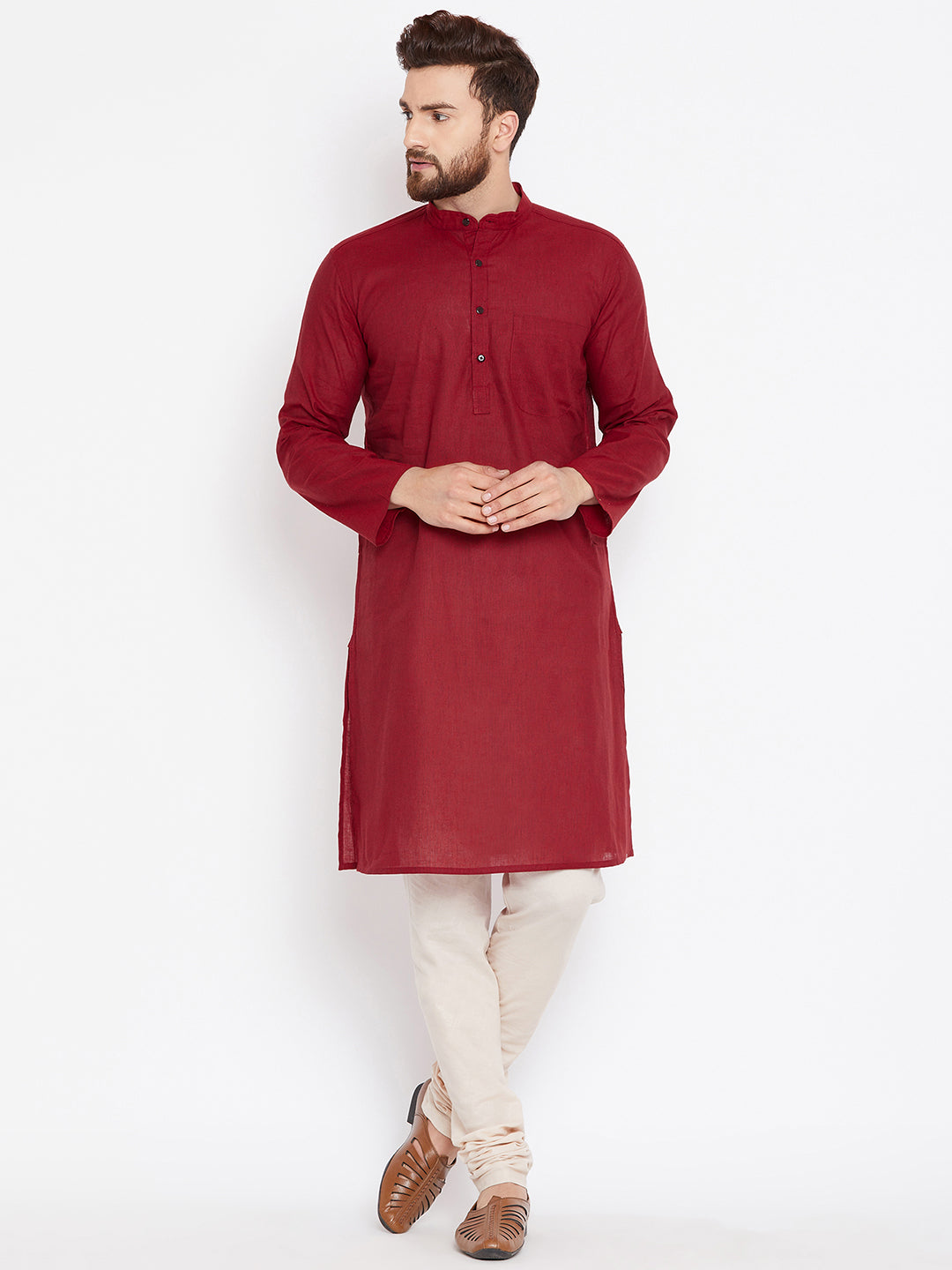 Men's Maroon Pure Cotton Kurta With Band Collar - Even Apparels