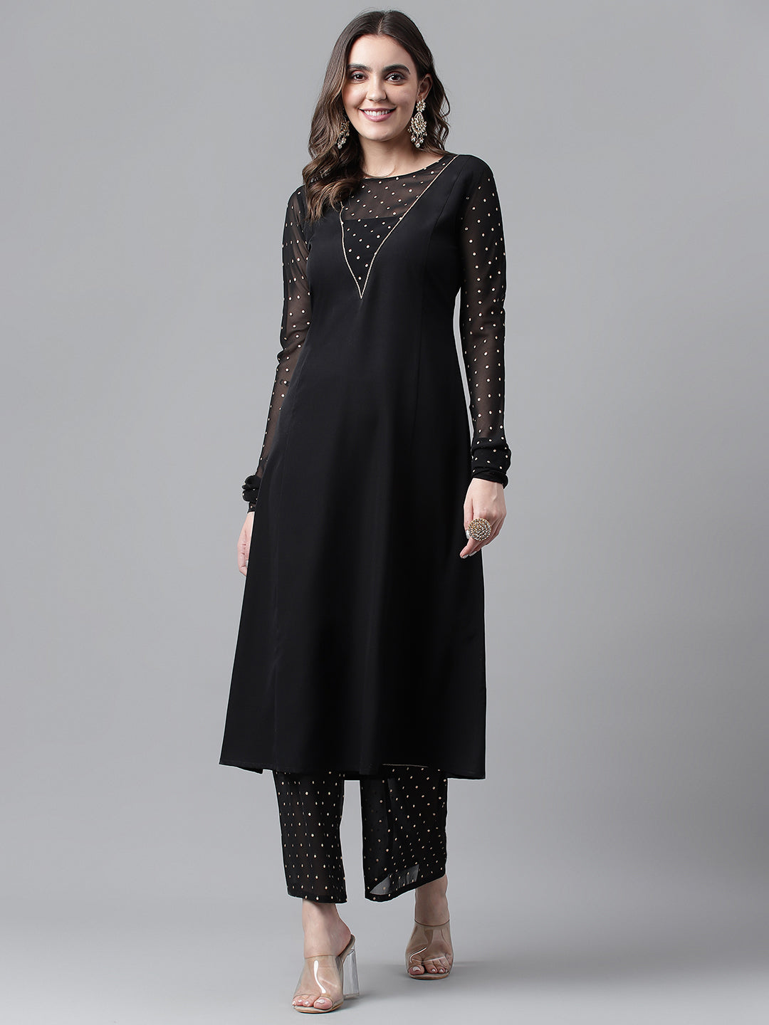 Women's Black Poly Crepe A-Line Kurta Set - Fiorra