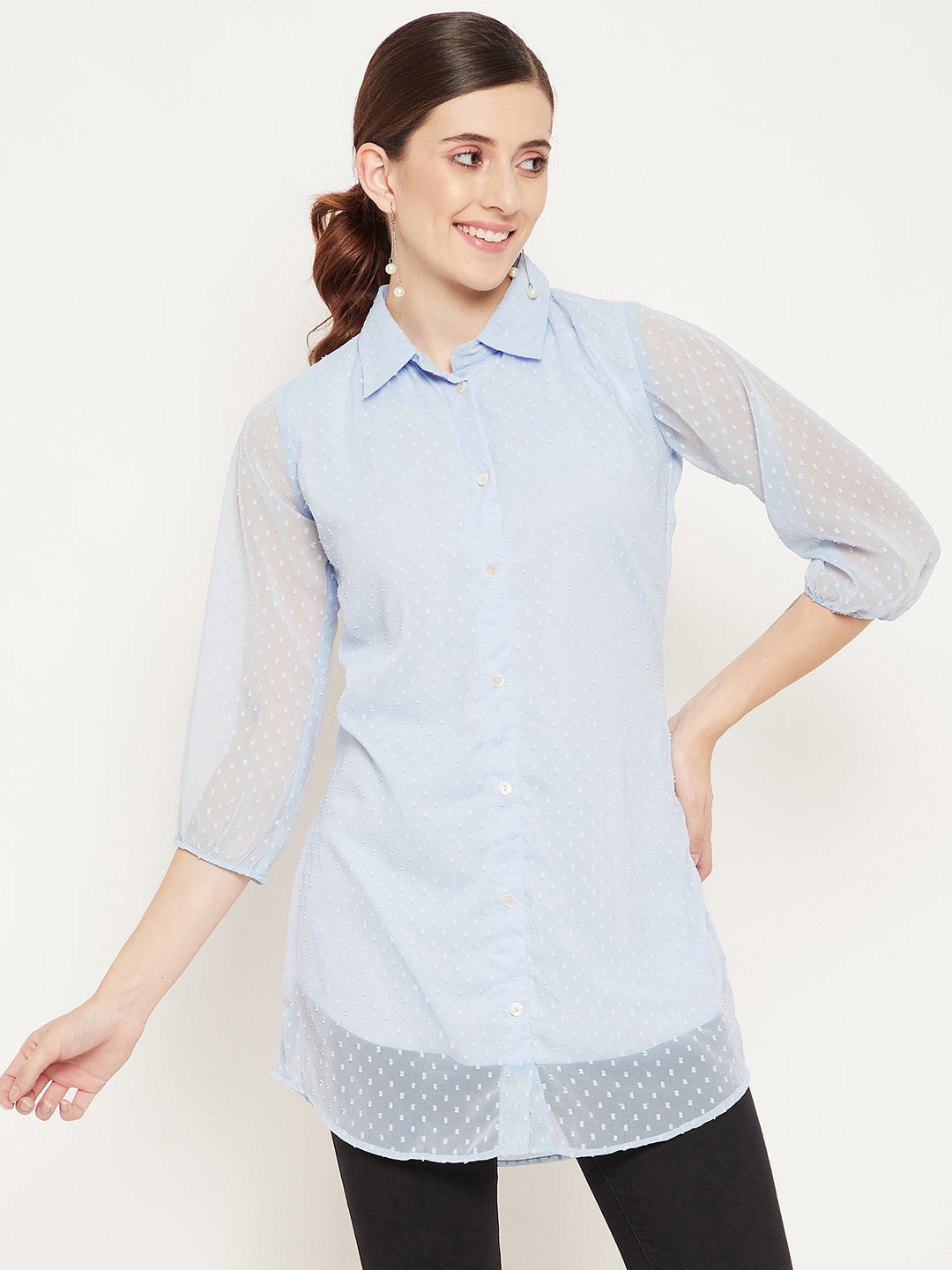 Women's Powder Blue Solid Shirt Collar Dobby Tunic - Bitterlime