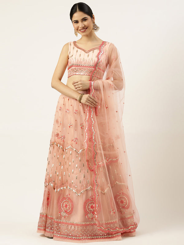 Women's Peach Net Sequince Work Lehenga & Blouse, Dupatta - Royal Dwells