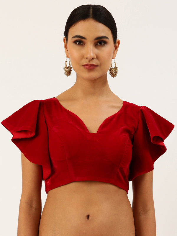 Women's Red Velvet Ruffle Sleeves Readymade Blouse - Royal Dwells