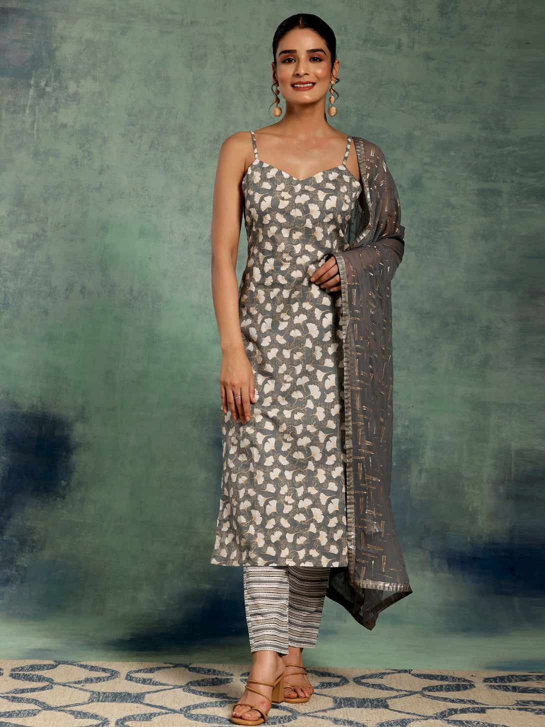 Grey Printed Cotton Straight Suit With Dupatta - Jashvi