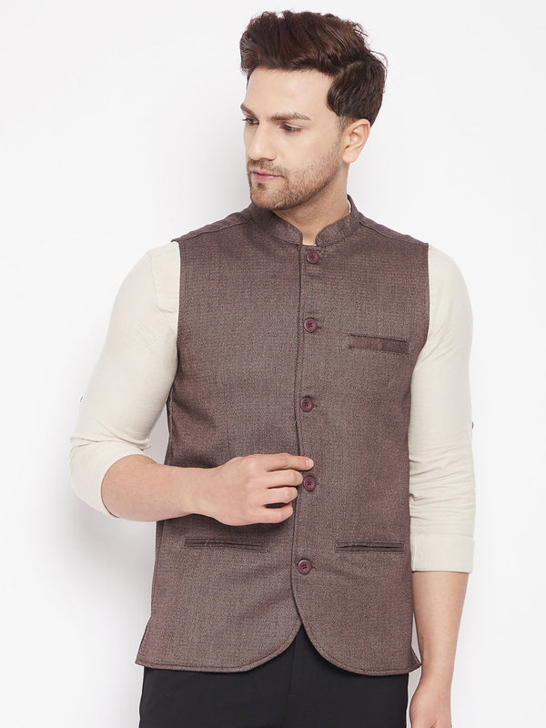 Men's Brown Color Woven Nehru Jacket - Even Apparels