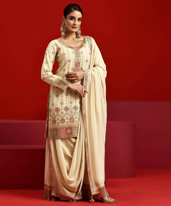 Jashvi Art Beige Embroidered Georgette Straight Suit With Dupatta