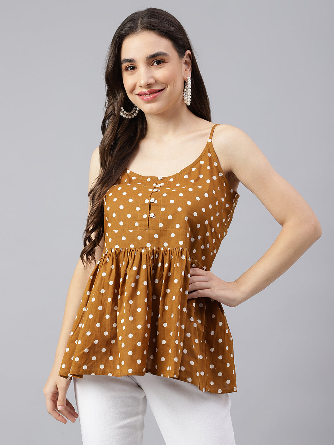 Women's Brown Polka-Dot Strappy Top - Deckedup