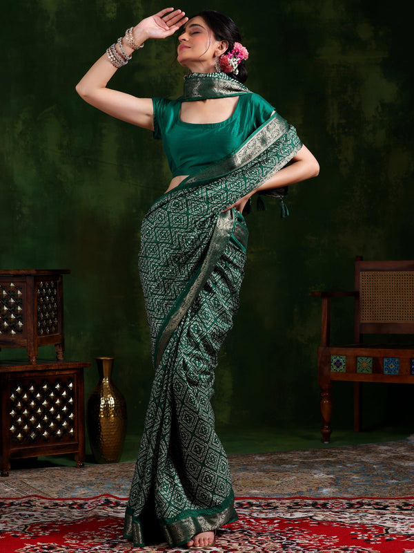 Green Printed Silk Blend Saree With Unstitched Blouse Piece