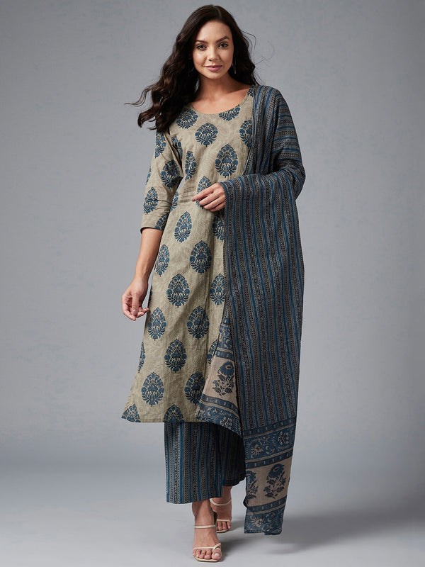 Women's Olive And Blue Ethnic Printed Side Slit Straight Kurta Palazzo And Dupatta Set  - Azira