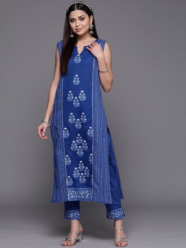 Blue Floral Printed Pure Cotton Kurta with Trousers