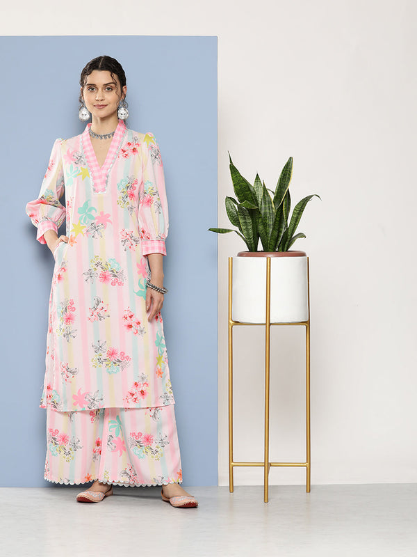 Pink Floral Printed Gotta Patti Kurta with Palazzos