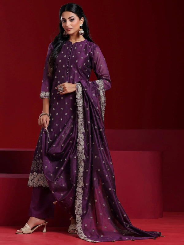 Jashvi Art Wine Embroidered Chanderi Silk Straight Suit With Dupatta