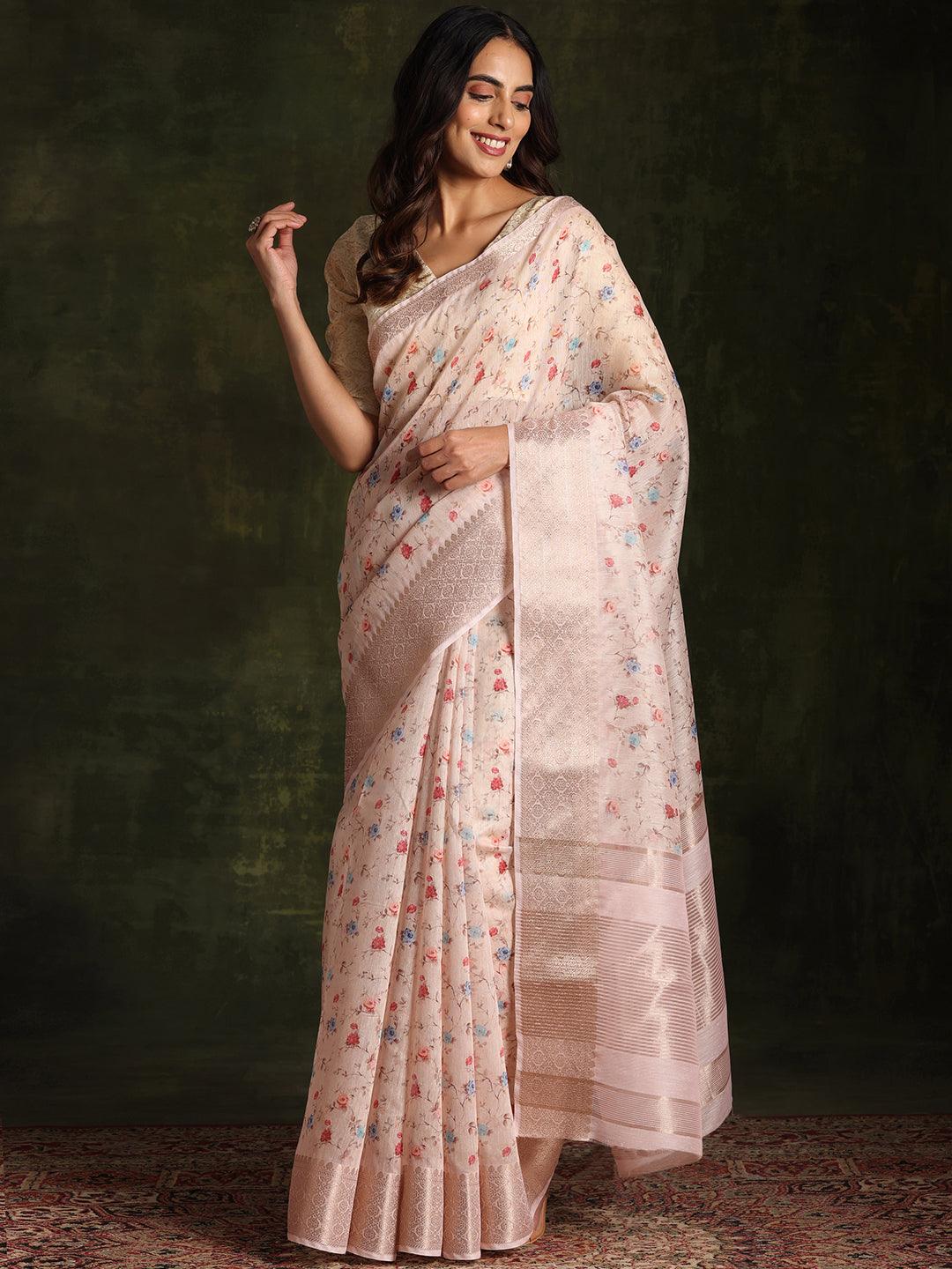 Beige Printed Silk Blend Saree With Unstitched Blouse Piece - Jashvi