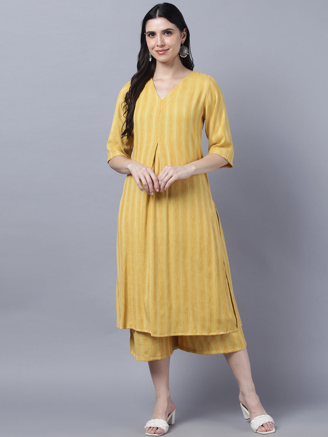 Women's Stylish Yellow Cotton 3/4 Sleeve Kurta Palazzo Set - Myshka