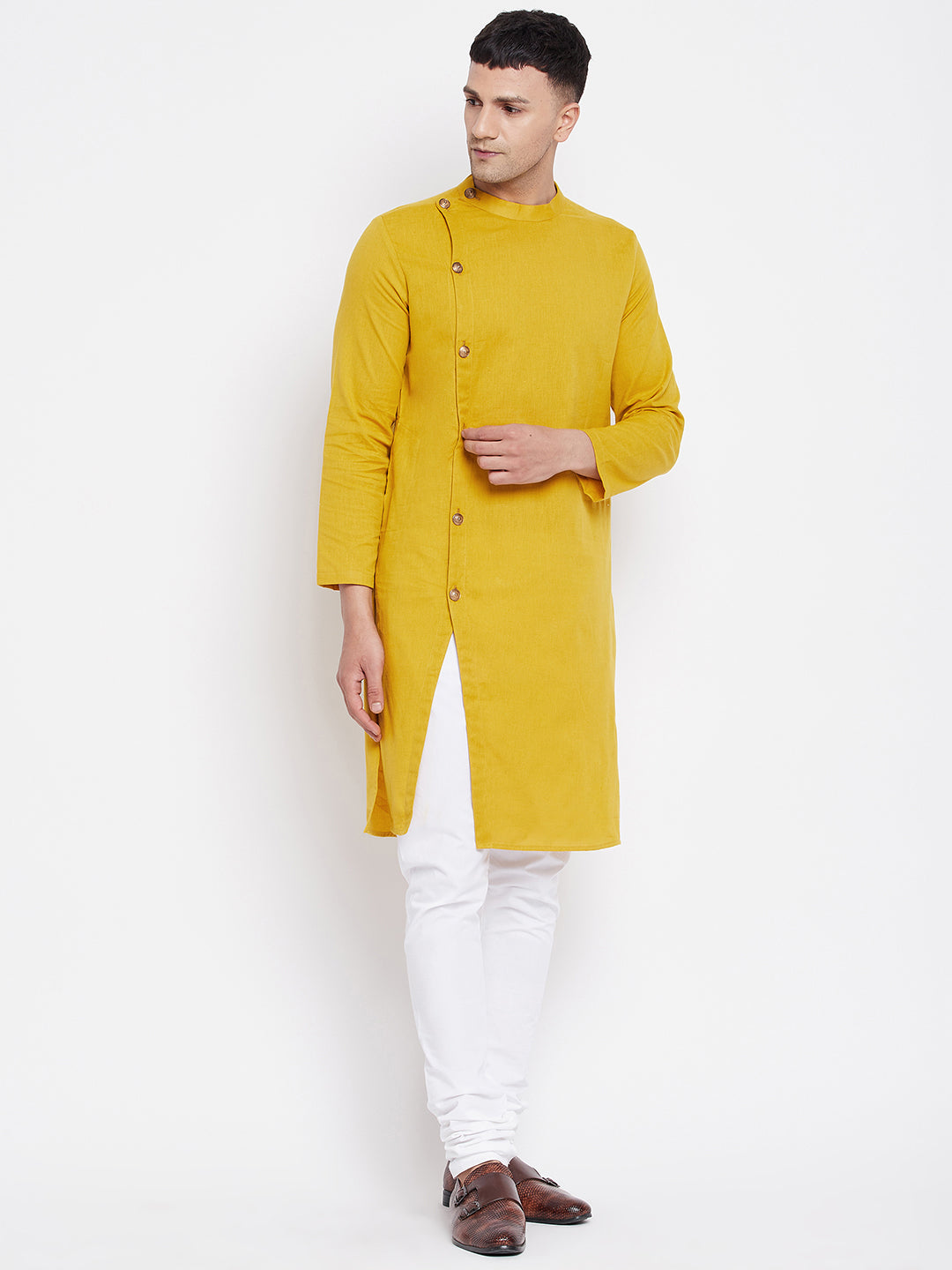 Men's Yellow Pure Cotton Kurta With Band Collar - Even Apparels