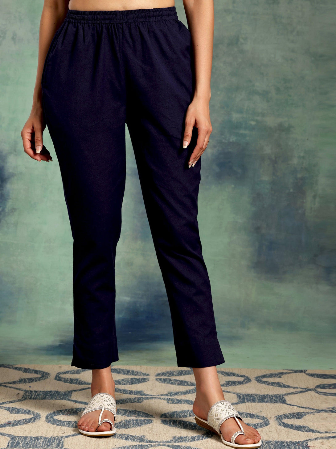 Navy Blue Solid Cotton Straight Fit Trousers - Jashvi