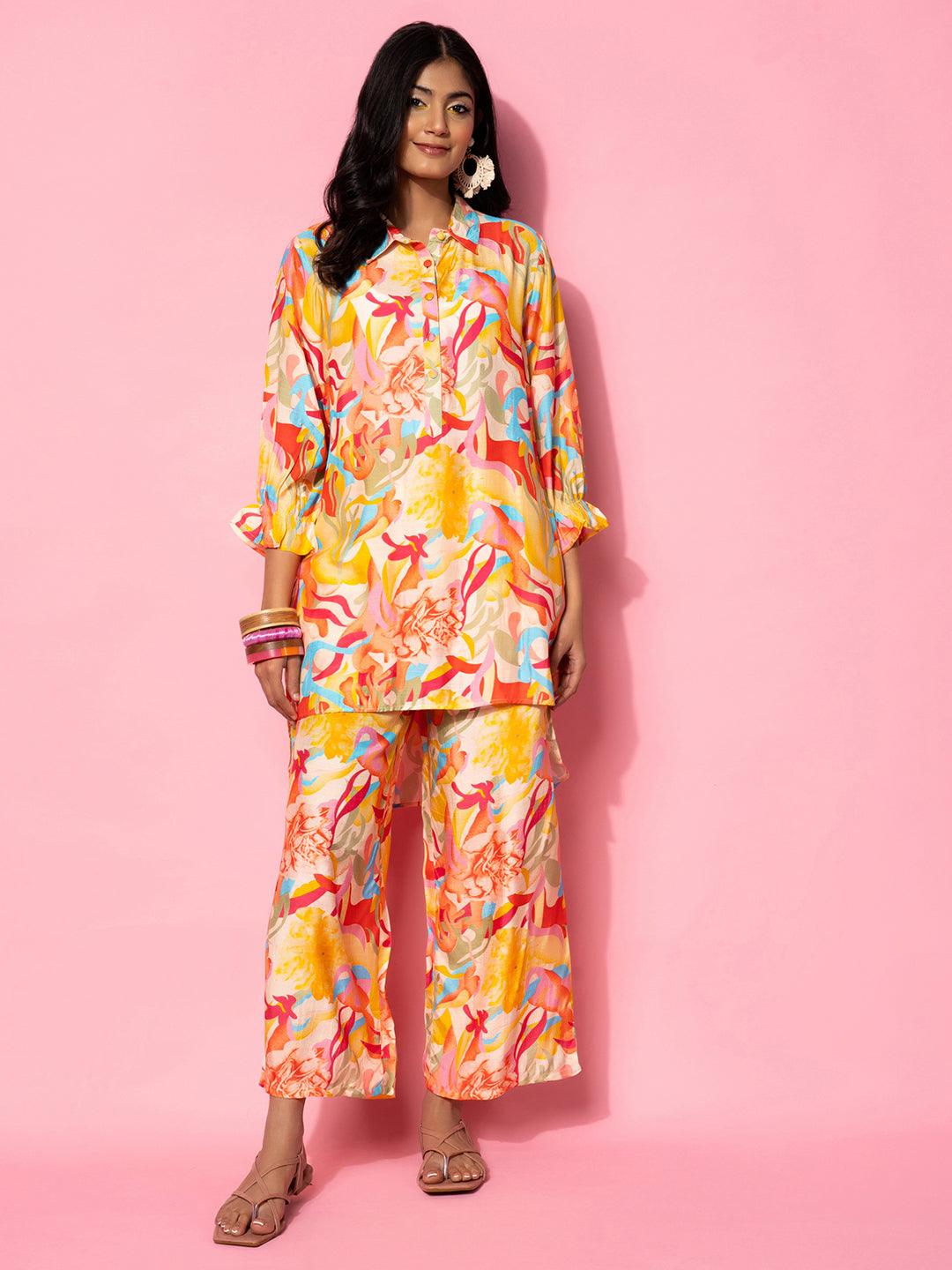 Multicoloured Printed Silk Blend Co-Ords - Jashvi