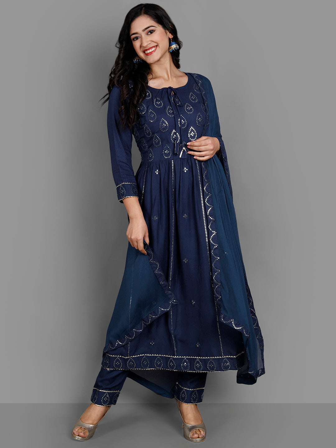 Women's Navy Rayon Kurta Pant And Dupatta Set - Noz2Toz