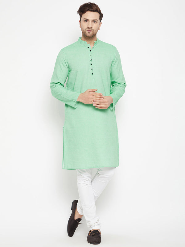 Men's Green Color Long Kurta with Band Collar - Even Apparels