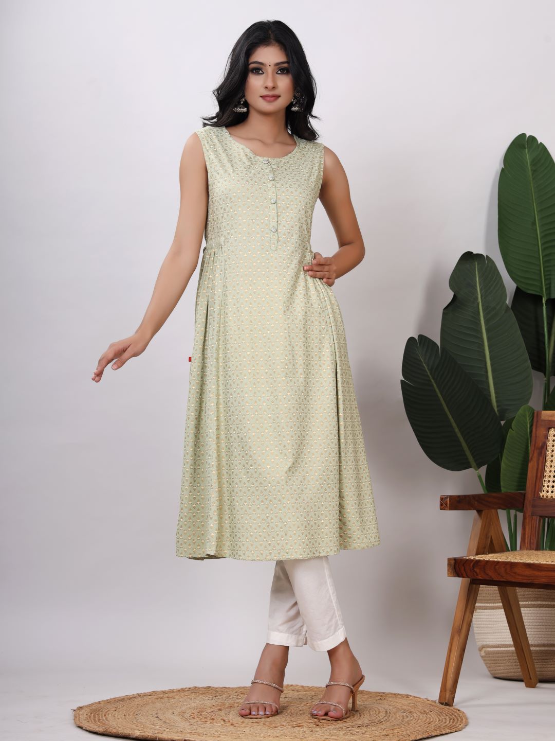 Women's Polka Dot Print A-Line Midi Dress(Pista Green) - Vasvi