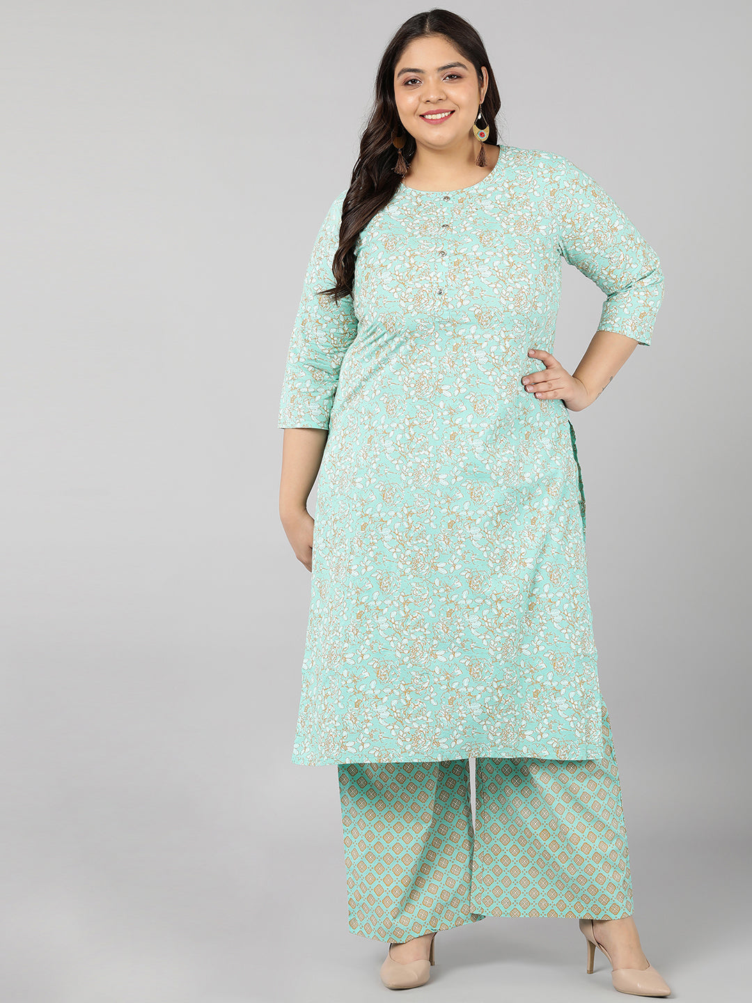 Women's Cotton Printed Straight Kurta Set (Blue) - Kipek