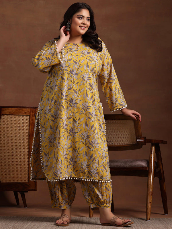 Plus Size Mustard Printed Cotton Pathani Kurta With Salwar