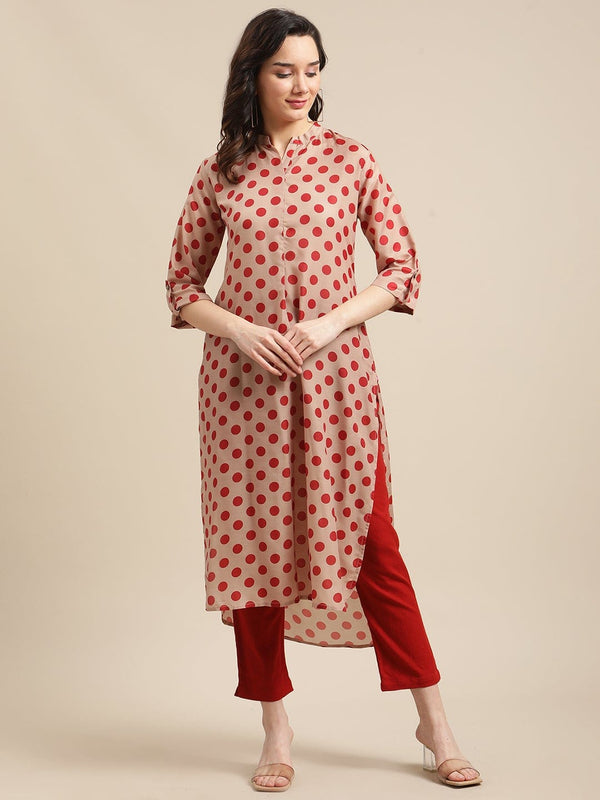 Women's Rust And Beige Polka Dot Printed High -Low Kurta - Varanga